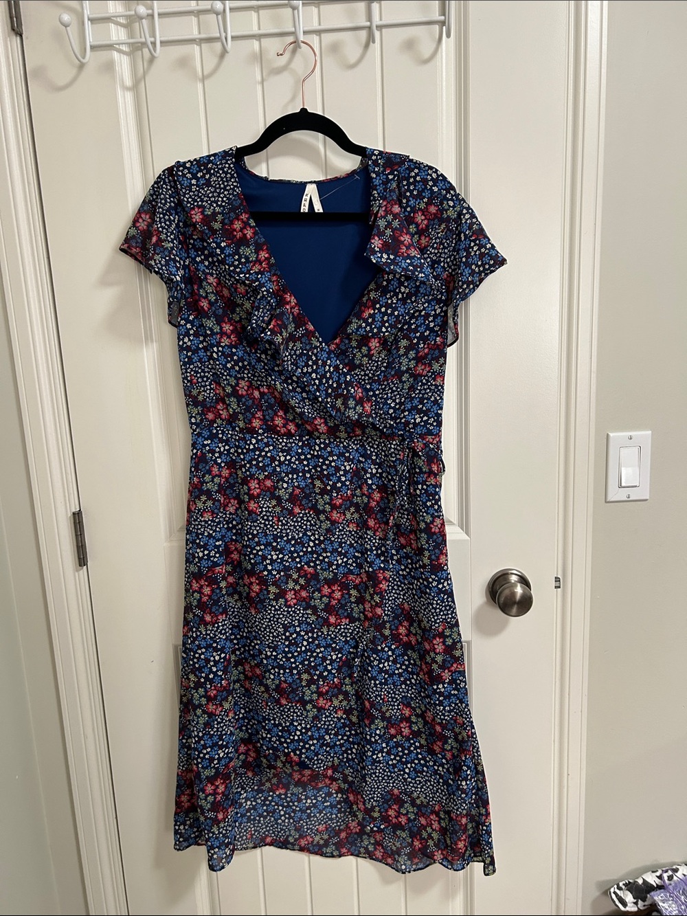 Roper Navy Floral Wrap Midi Dress with Pink Accents